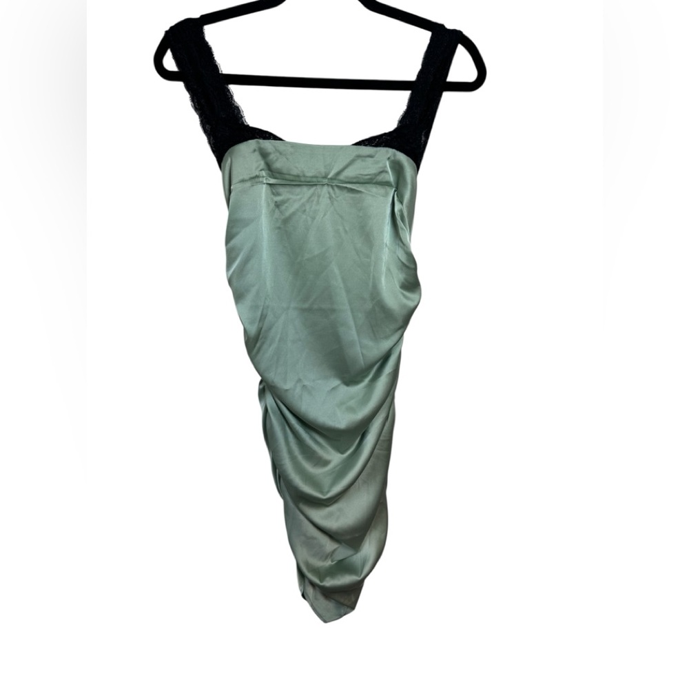 Cider Light Green with Black Lace Shoulder Straps Slip Dress Side Rouching‎ SZ M